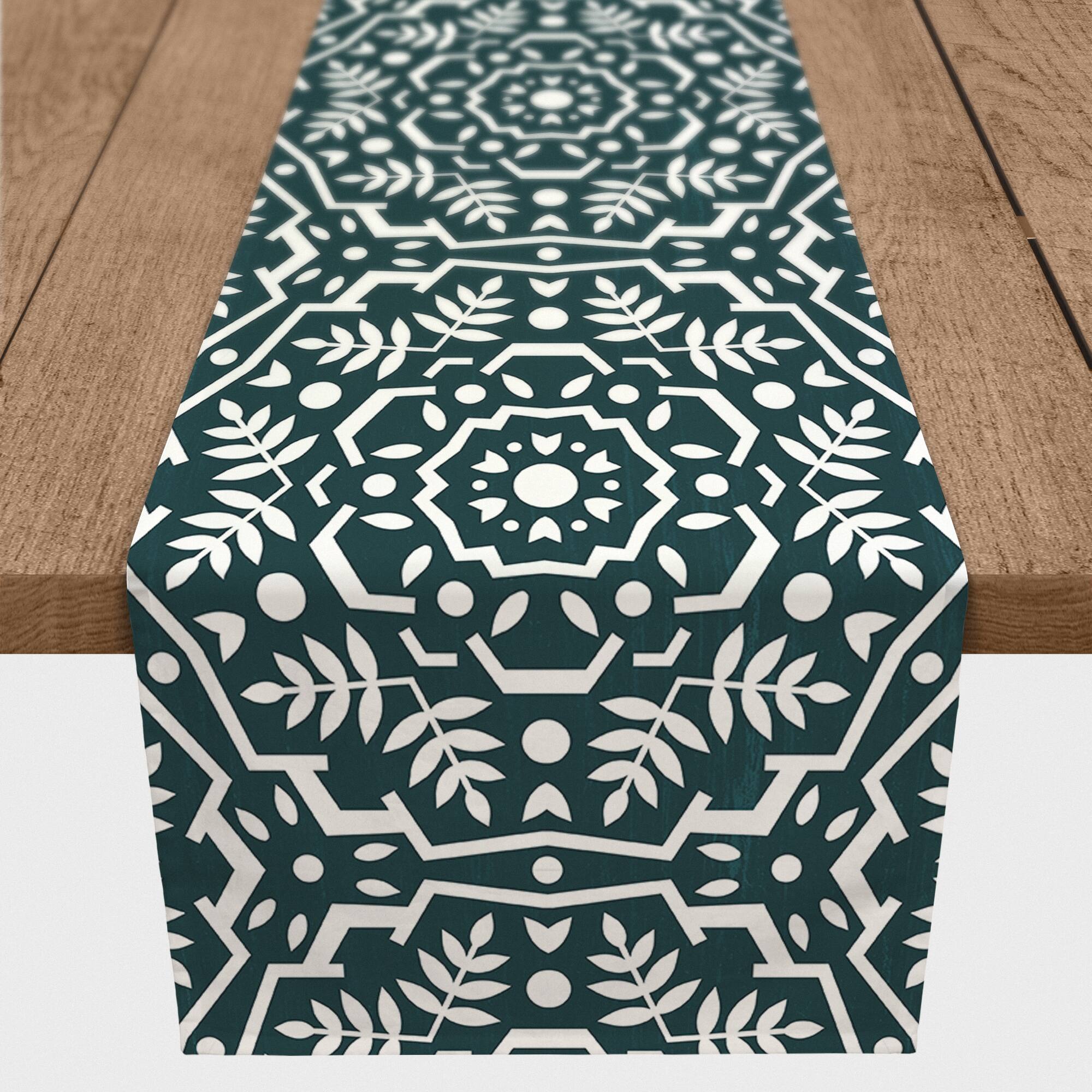 Folk Floral Teal 16" x 90" Cotton Twill Runner
